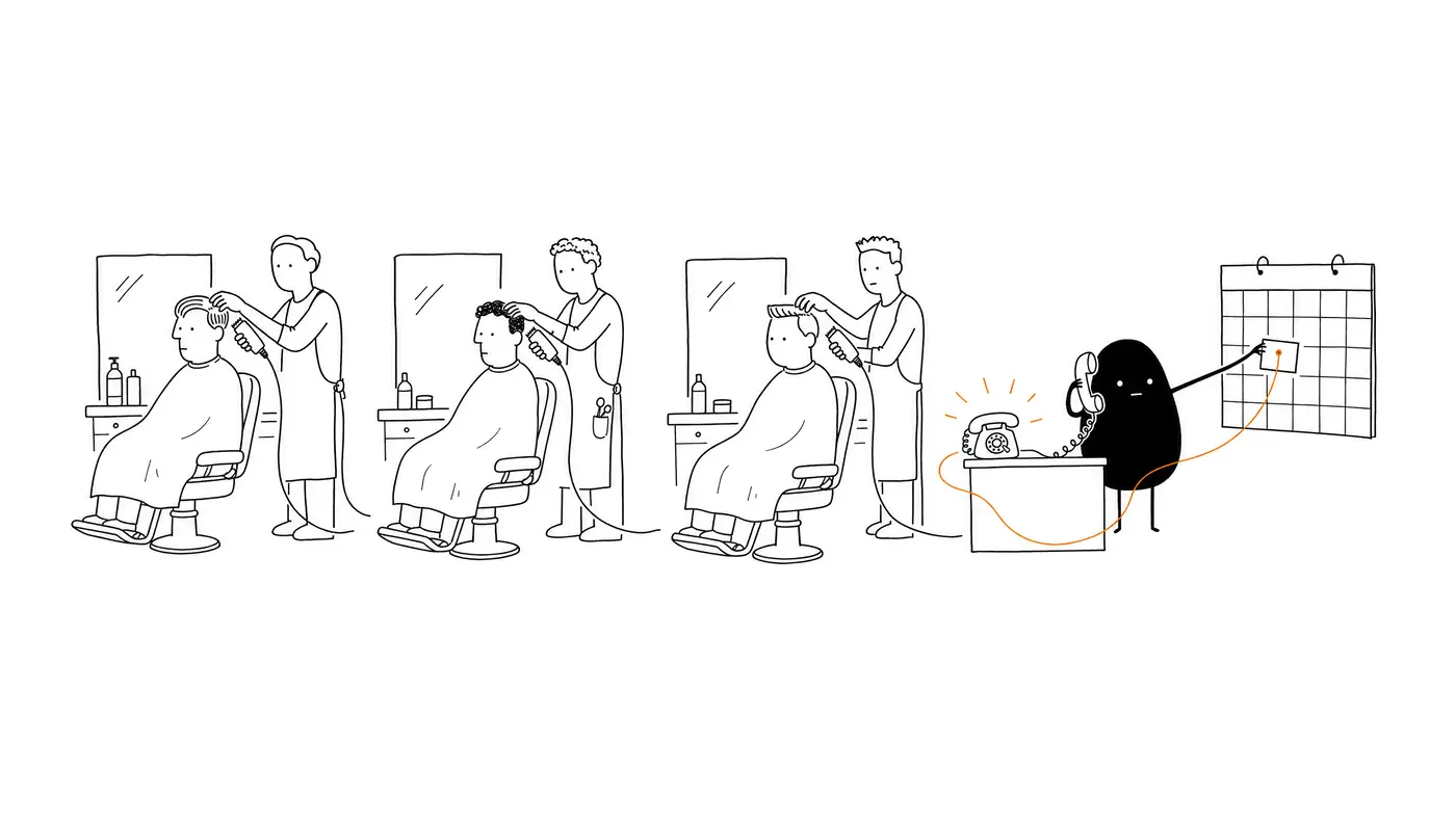Sketch of a busy barbershop with every chair full while an AI assistant answers the ringing phone and books the appointment