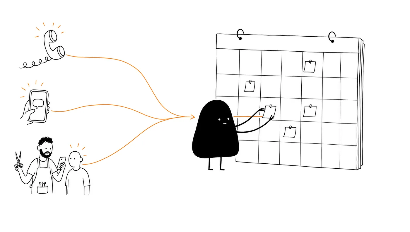 Sketch of phone calls, LINE messages and barber-logged walk-ins all landing in one shared barbershop calendar