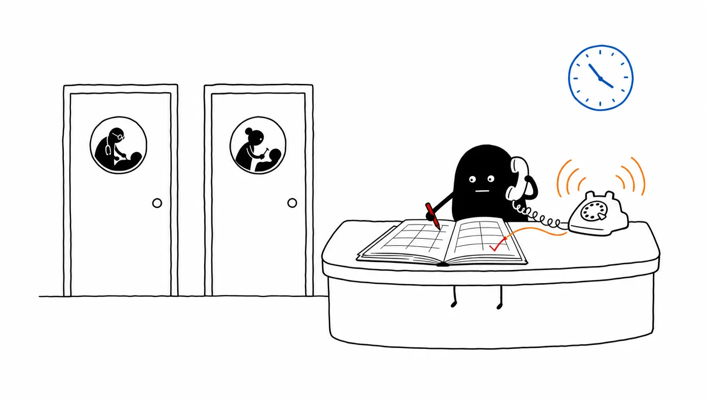 Sketch of a clinic where staff are busy with patients behind closed doors while an AI assistant answers the ringing reception phone and writes the appointment into the book