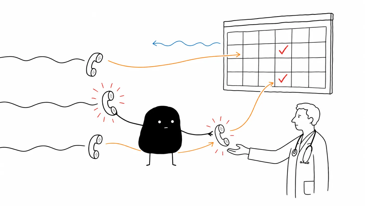 Sketch of incoming clinic calls being sorted by an AI assistant: routine bookings flow into the shared calendar while the urgent call is handed directly to a human doctor